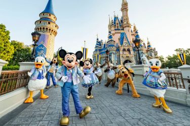 Disney Characters standing in front of Cinderella Castle. 