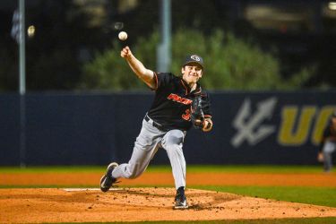 Pacific baseball player pitches the ball.