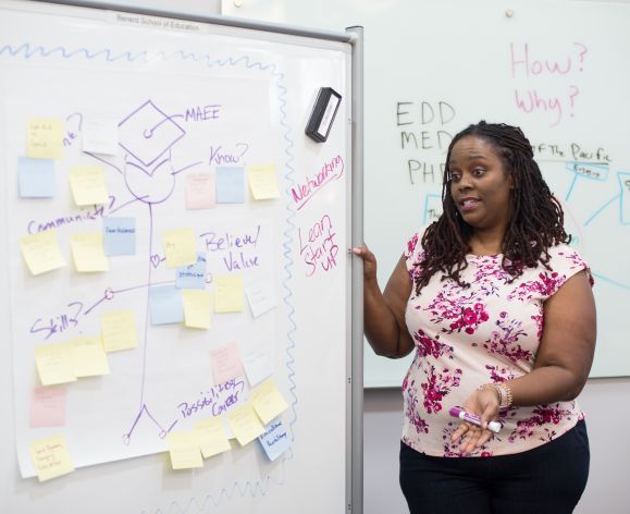 Benerd master's student gives a class presentation in University of the Pacific's Organizational Innovation and Change program on the Sacramento campus.